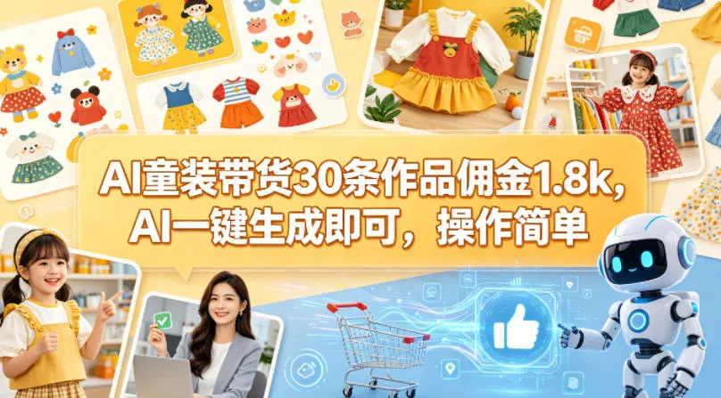 AI童装带货30条作品佣金1.8k，AI一键生成即可，操作简单mc69.cn - 副业项目分享,互联网学习资源,考公考研资料,虚拟资料与创业思路天璇笔记网