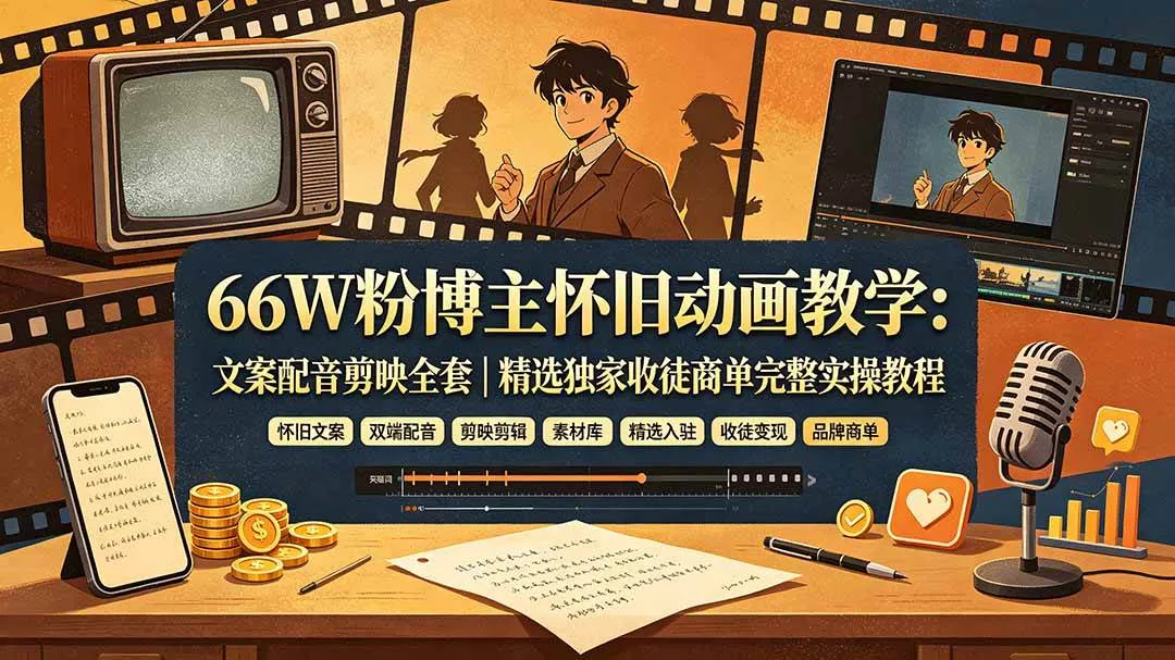 （19499期）66W粉博主怀旧动画教学：文案配音剪映全套｜精选独家收徒商单完整实操教程mc69.cn - 副业项目分享,互联网学习资源,考公考研资料,虚拟资料与创业思路天璇笔记网