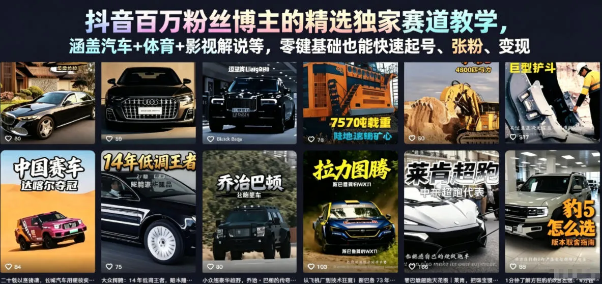 抖音百万粉丝博主的精选独家赛道教学,涵盖汽车+体育+影视解说等,零基础也能快速起号、涨粉、变现(更新0701) 抖音百万粉丝博主的精选独家赛道教学,涵盖汽车+体育+影视解说等,零基础也能快速起号、涨粉、变现(更新0701)