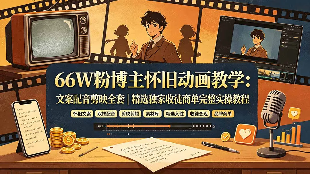 66W粉博主怀旧动画教学：文案配音剪映全套｜精选独家收徒商单完整实操教程mc69.cn - 副业项目分享,互联网学习资源,考公考研资料,虚拟资料与创业思路天璇笔记网