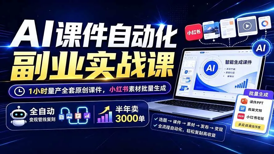 （19518期）AI课件自动化副业实战课：1小时量产全套原创课件×小红书素材批量生成×全自动变现管线×半年卖3000单