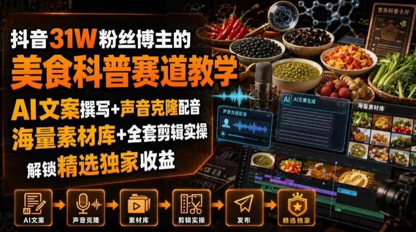 抖音31W粉丝博主的美食科普赛道教学，AI文案撰写+声音克隆配音+剪辑实操，解锁精选独家收益mc69.cn - 副业项目分享,互联网学习资源,考公考研资料,虚拟资料与创业思路天璇笔记网