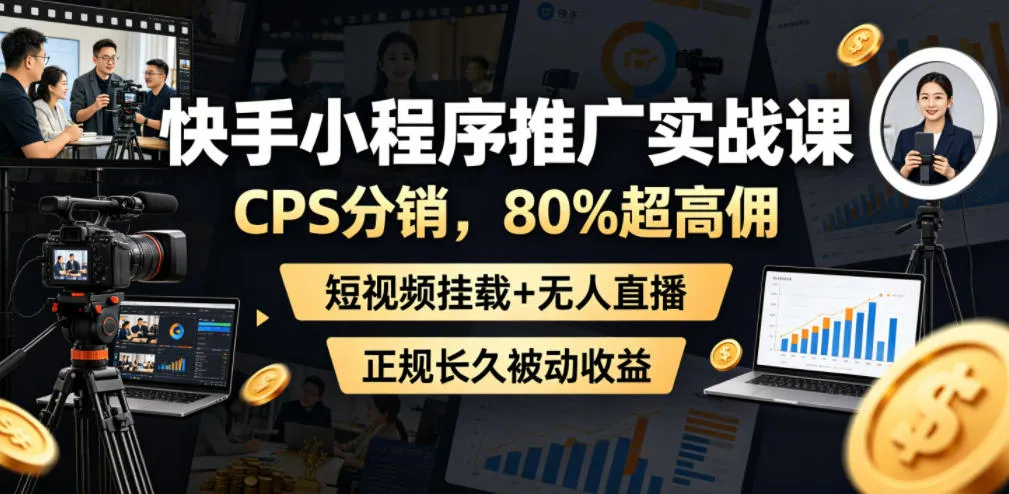 快手小程序推广实战课，CPS分销，80%超高佣，短视频挂载+无人直播，正规长久被动收益mc69.cn - 副业项目分享,互联网学习资源,考公考研资料,虚拟资料与创业思路天璇笔记网
