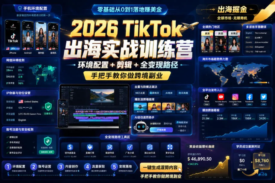 2026 TikTok出海实战训练营，环境配置 + 剪辑 + 全变现路径，手把手教你做跨境副业mc69.cn - 副业项目分享,互联网学习资源,考公考研资料,虚拟资料与创业思路天璇笔记网