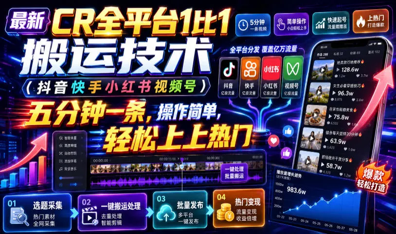 最新CR全平台1比1搬运技术（抖音快手小红书视频号）五分钟分钟一条，操作简单，轻松上热门（教程+软件+参数）mc69.cn - 副业项目分享,互联网学习资源,考公考研资料,虚拟资料与创业思路天璇笔记网