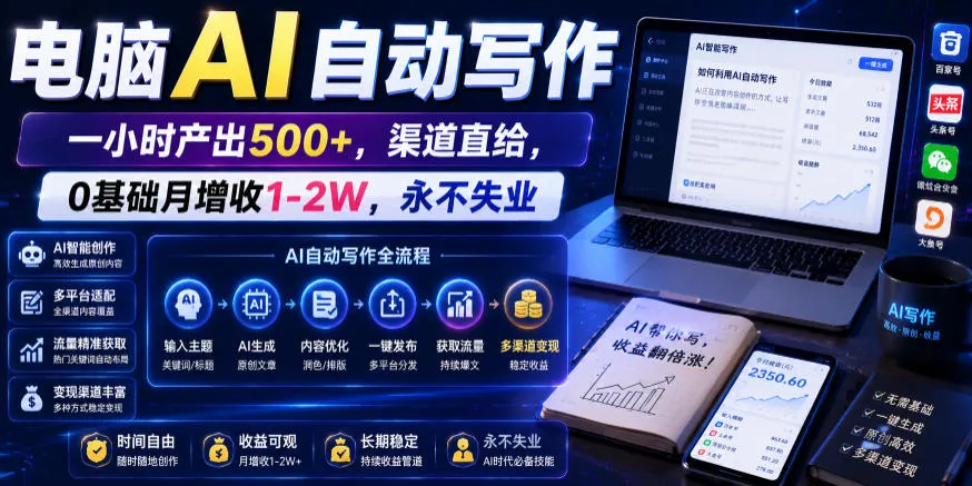电脑AI自动写作，一小时产出500+，渠道直给，0基础月增收1-2W，永不失业【揭秘】mc69.cn - 副业项目分享,互联网学习资源,考公考研资料,虚拟资料与创业思路天璇笔记网