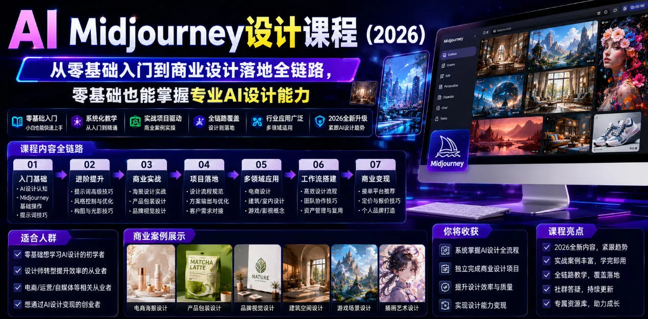 AI Midjourney设计课程（2026），从零基础入门到商业设计落地全链路，零基础也能掌握专业AI设计能力mc69.cn - 副业项目分享,互联网学习资源,考公考研资料,虚拟资料与创业思路天璇笔记网