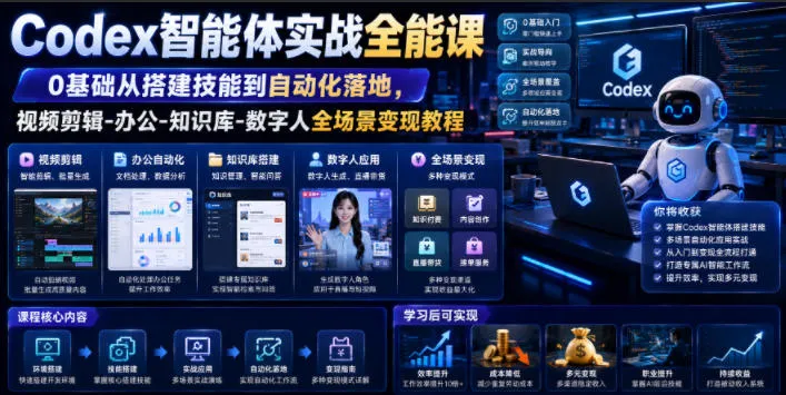 Codex智能体实战全能课｜0基础从搭建技能到自动化落地，视频剪辑-办公-知识库-数字人全场景变现教程mc69.cn - 副业项目分享,互联网学习资源,考公考研资料,虚拟资料与创业思路天璇笔记网