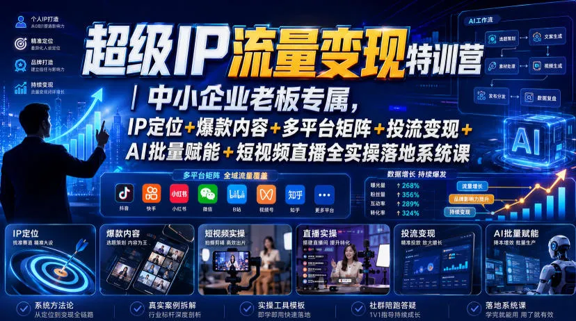 超级IP流量变现特训营｜中小企业老板专属，IP定位+爆款内容+多平台矩阵+投流变现+AI批量赋能+短视频直播全实操落地系统课mc69.cn - 副业项目分享,互联网学习资源,考公考研资料,虚拟资料与创业思路天璇笔记网
