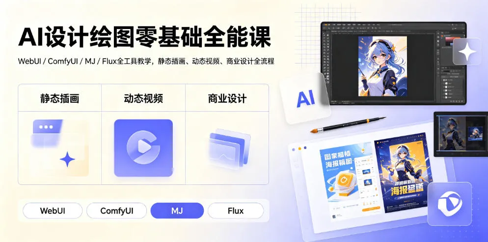 AI设计绘图零基础全能课｜WebUI/ComfyUI/MJ/Flux全工具教学，静态插画、动态视频、商业设计全流程mc69.cn - 副业项目分享,互联网学习资源,考公考研资料,虚拟资料与创业思路天璇笔记网