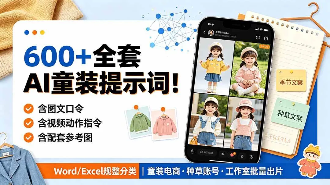 (19302期)600+全套AI童装提示词!含图文口令+视频动作指令+配套参考图,Word/Excel规整分类,童装电商、种草无脑量产内容 (19302期)600+全套AI童装提示词!含图文口令+视频动作指令+配套参考图,Word/Excel规整分类,童装电商、种草无脑量产内容