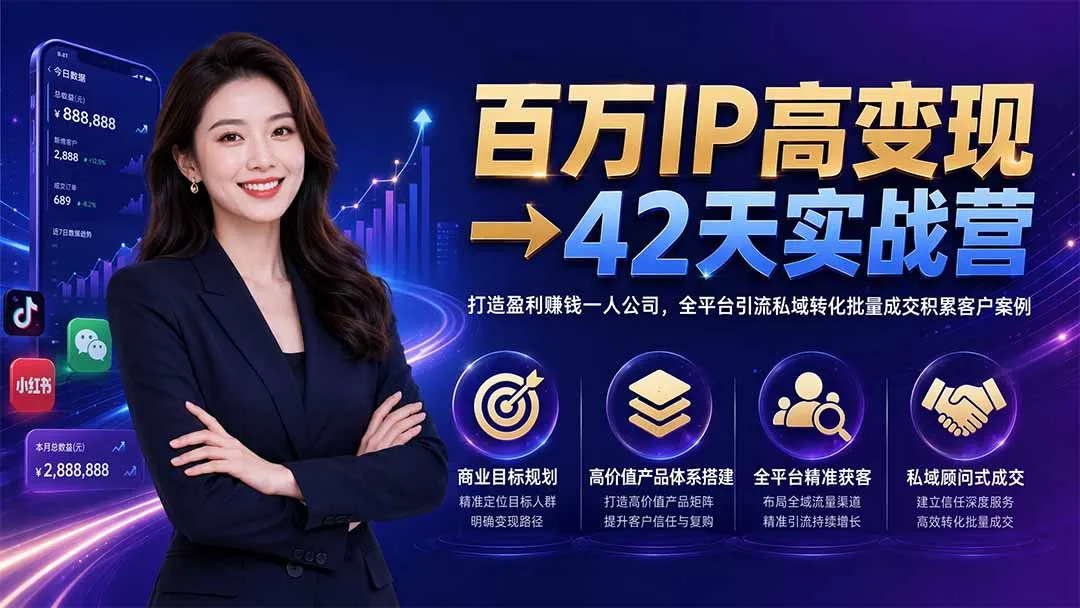 百万IP高变现→42天实战营｜打造盈利赚钱一人公司，全平台引流私域转化批量成交积累客户案例mc69.cn - 副业项目分享,互联网学习资源,考公考研资料,虚拟资料与创业思路天璇笔记网