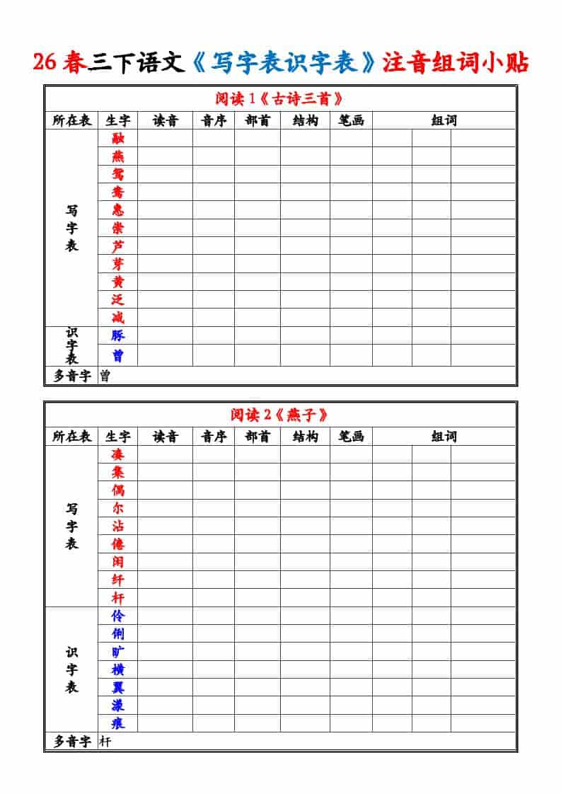 三年级下语文26春《写字表识字表》注音组词小贴mc69.cn - 副业项目分享,互联网学习资源,考公考研资料,虚拟资料与创业思路天璇笔记网