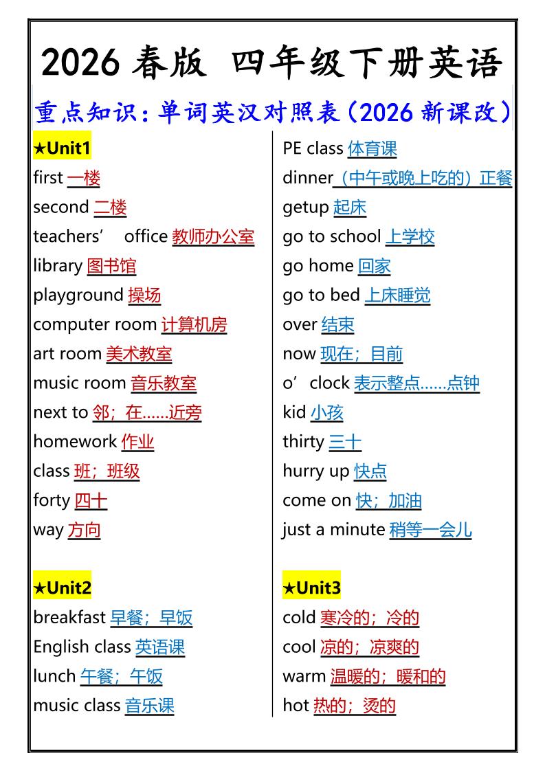 2026春新版四年级下英语重点知识：单词英汉对照表《人教版PEP》mc69.cn - 副业项目分享,互联网学习资源,考公考研资料,虚拟资料与创业思路天璇笔记网