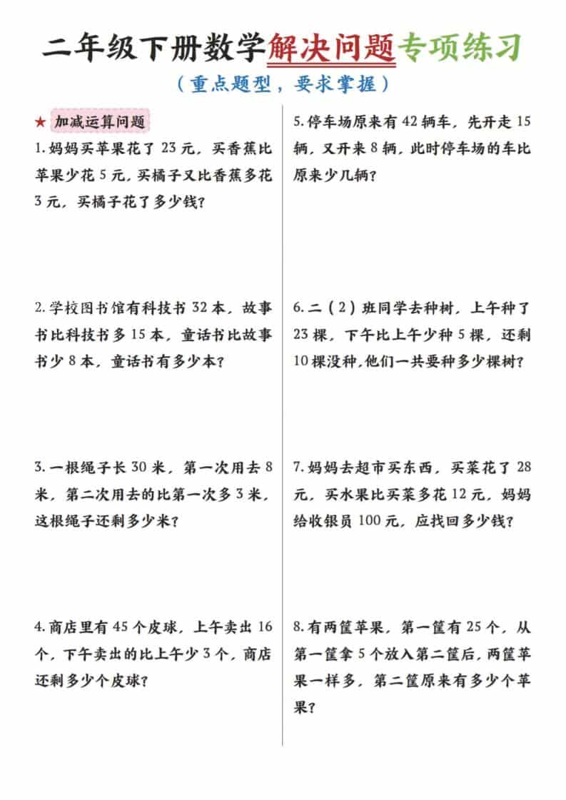 二年级下数学解决问题专项练习mc69.cn - 副业项目分享,互联网学习资源,考公考研资料,虚拟资料与创业思路天璇笔记网