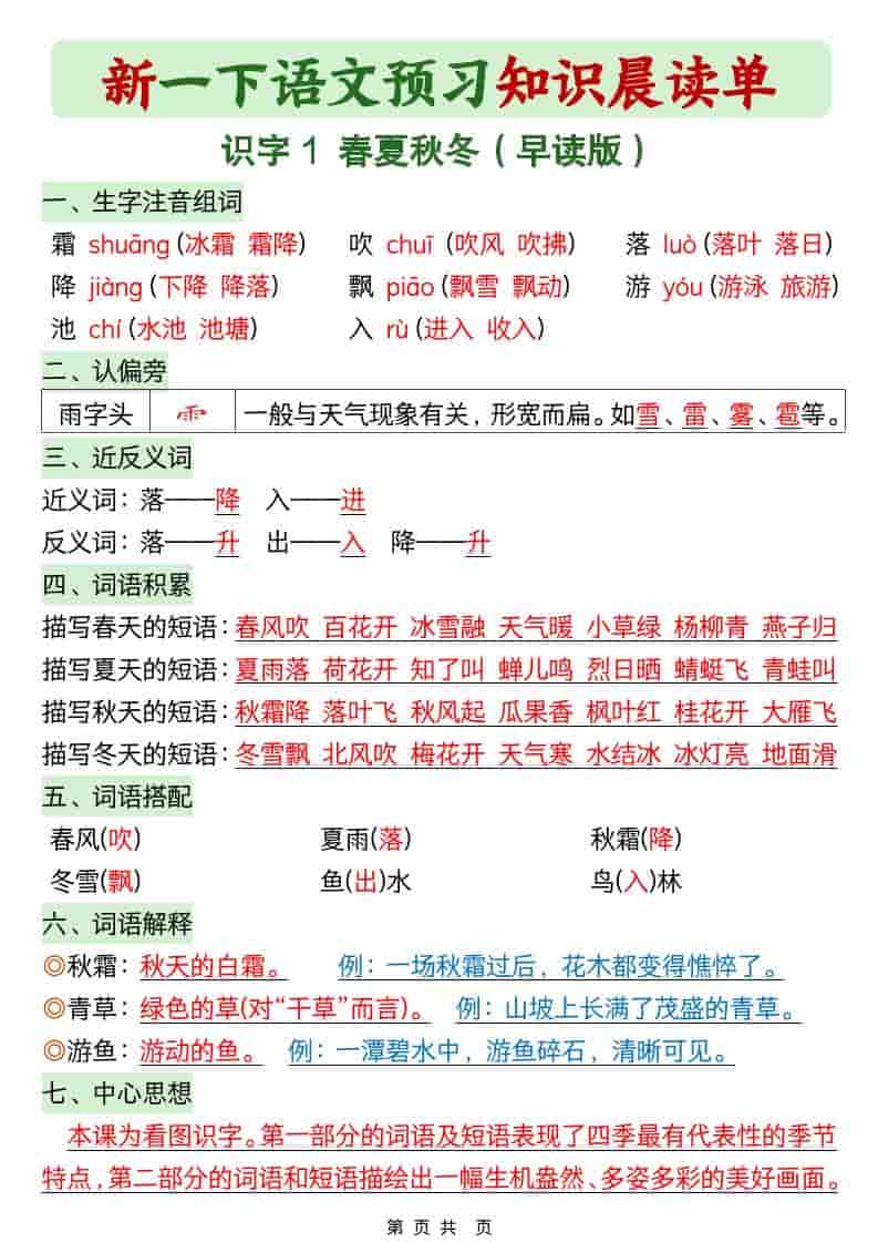 一年级下语文26春预习知识晨读单mc69.cn - 副业项目分享,互联网学习资源,考公考研资料,虚拟资料与创业思路天璇笔记网