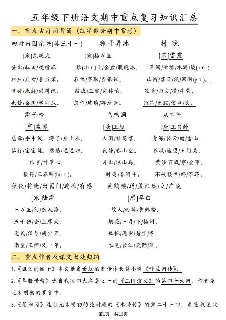 五年级下语文期中重点复习知识汇总mc69.cn - 副业项目分享,互联网学习资源,考公考研资料,虚拟资料与创业思路天璇笔记网