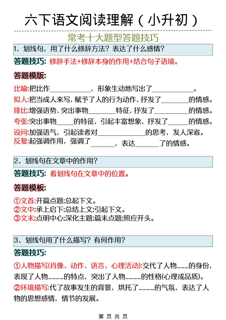 六年级下语文阅读理解答题技巧（小升初）mc69.cn - 副业项目分享,互联网学习资源,考公考研资料,虚拟资料与创业思路天璇笔记网