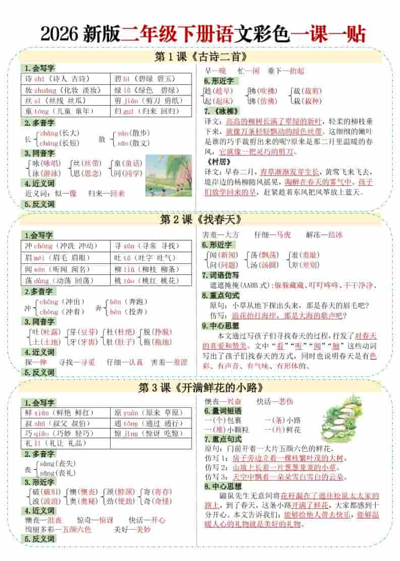 二年级下语文【彩色重点一课一贴】mc69.cn - 副业项目分享,互联网学习资源,考公考研资料,虚拟资料与创业思路天璇笔记网