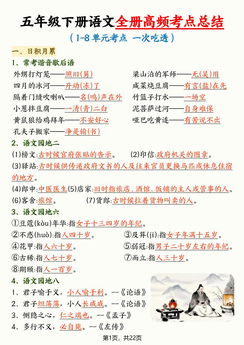 五年级下语文全册高频考点总结mc69.cn - 副业项目分享,互联网学习资源,考公考研资料,虚拟资料与创业思路天璇笔记网
