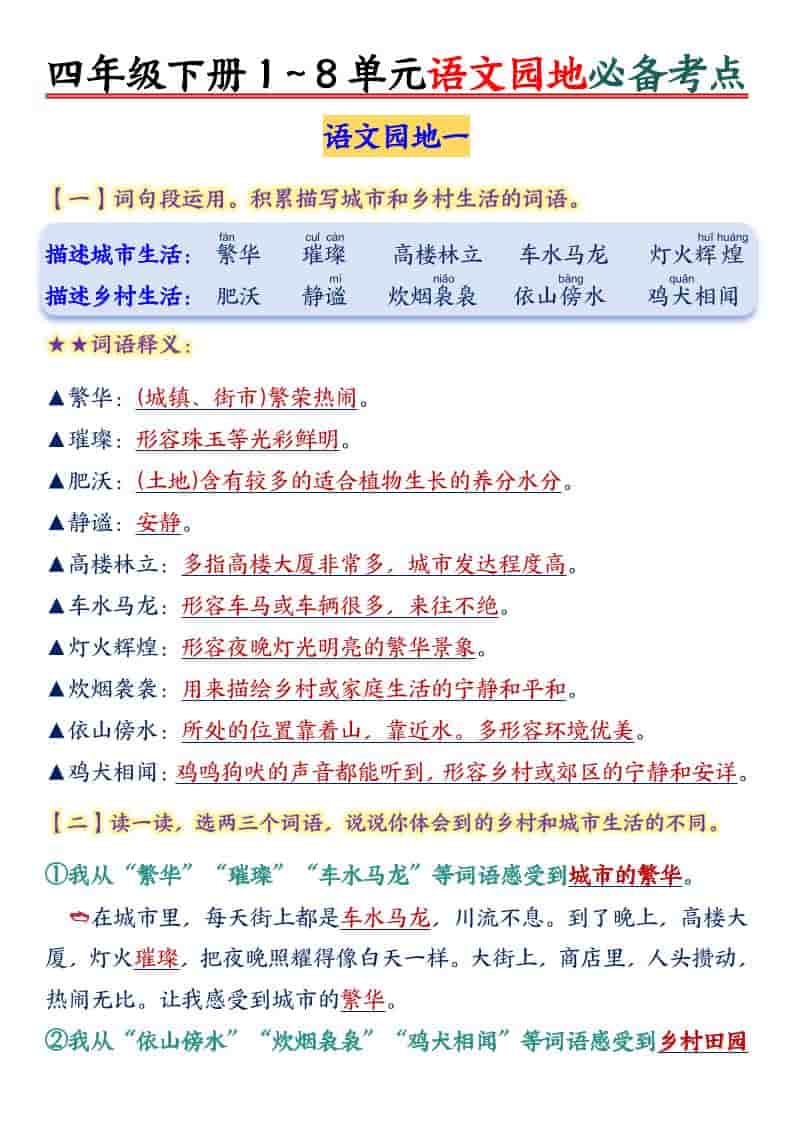 四年级下语文园地1-8单元必备考点mc69.cn - 副业项目分享,互联网学习资源,考公考研资料,虚拟资料与创业思路天璇笔记网