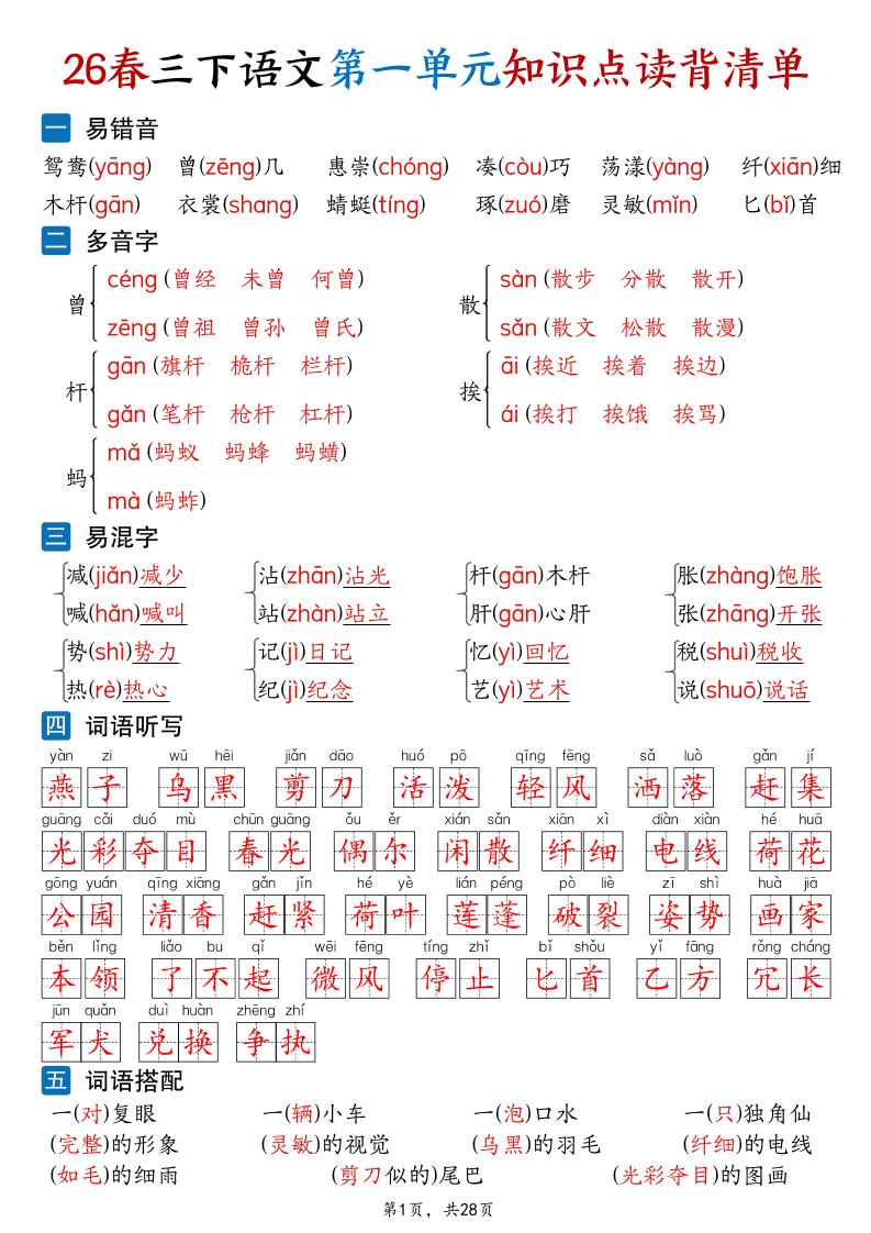 26新三年级下语文1-8单元知识点读背清单（28页）mc69.cn - 副业项目分享,互联网学习资源,考公考研资料,虚拟资料与创业思路天璇笔记网