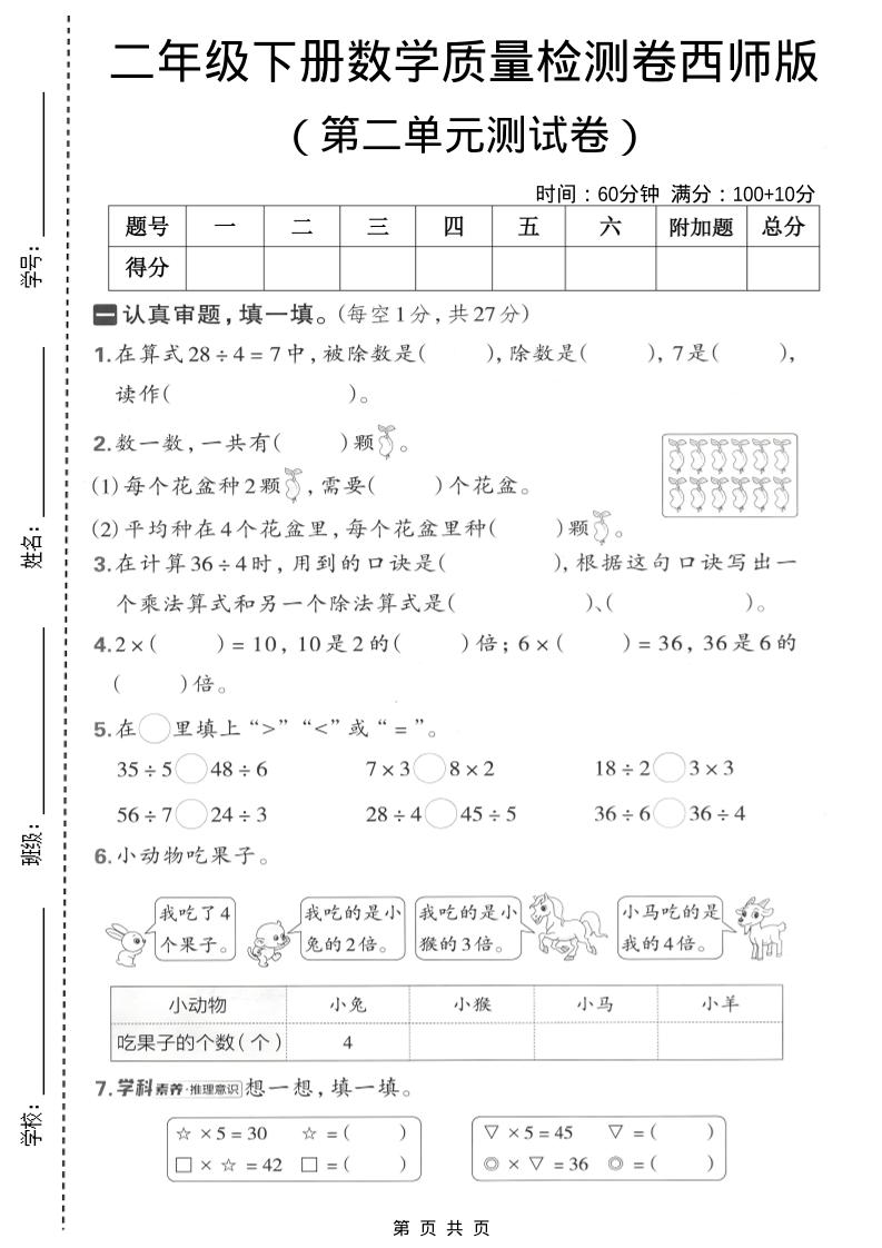 二年级下数学第二单元质量检测卷《西师版》mc69.cn - 副业项目分享,互联网学习资源,考公考研资料,虚拟资料与创业思路天璇笔记网