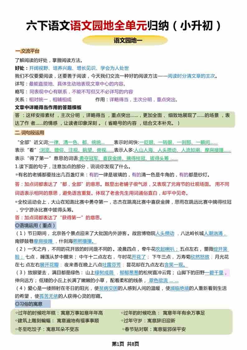 六年级下语文小升初园地全册重点归纳mc69.cn - 副业项目分享,互联网学习资源,考公考研资料,虚拟资料与创业思路天璇笔记网