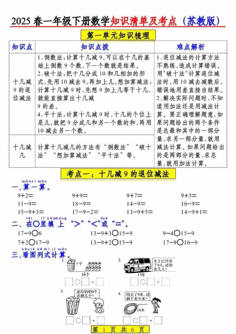 一年级下数学知识清单及考点《苏教版》（衔接版）mc69.cn - 副业项目分享,互联网学习资源,考公考研资料,虚拟资料与创业思路天璇笔记网