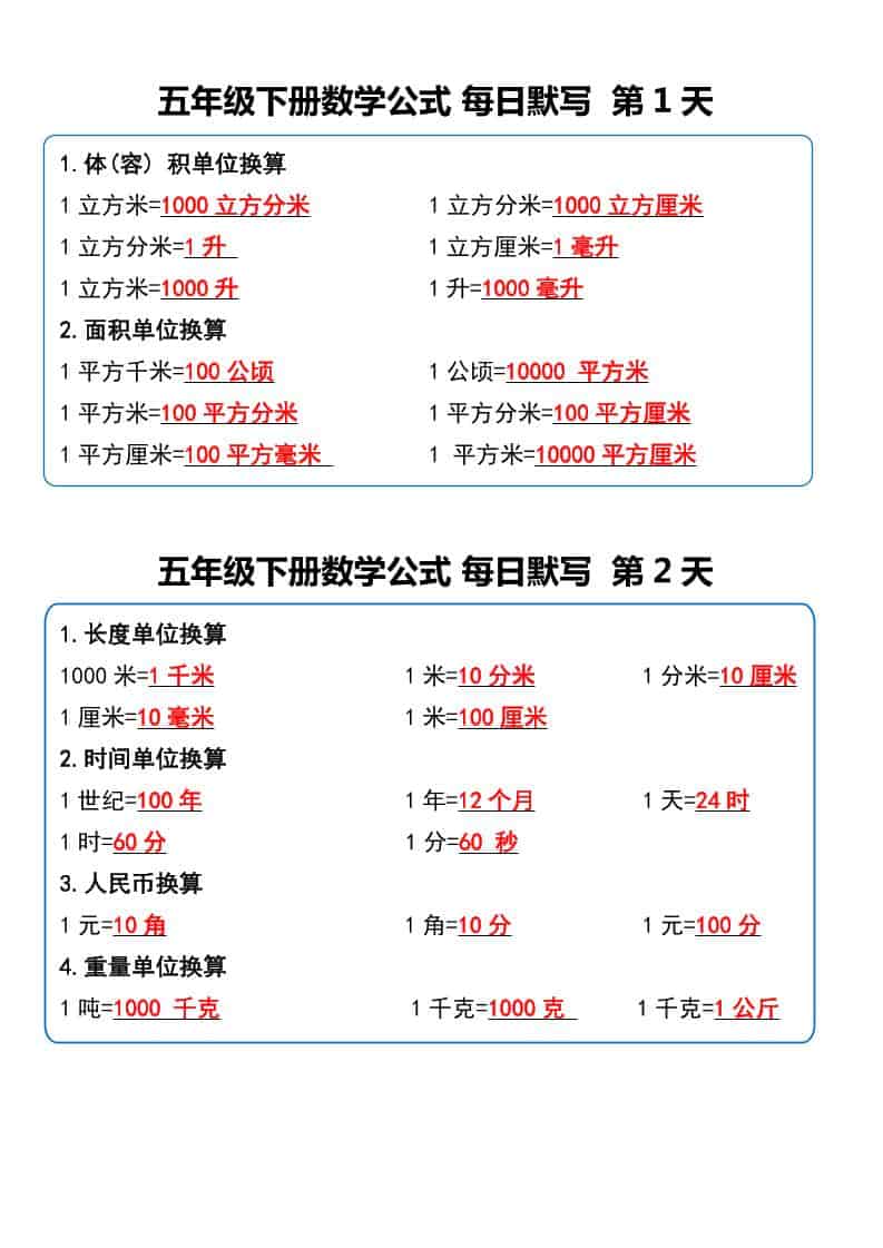 五年级下数学数学公式每日默写小纸条mc69.cn - 副业项目分享,互联网学习资源,考公考研资料,虚拟资料与创业思路天璇笔记网