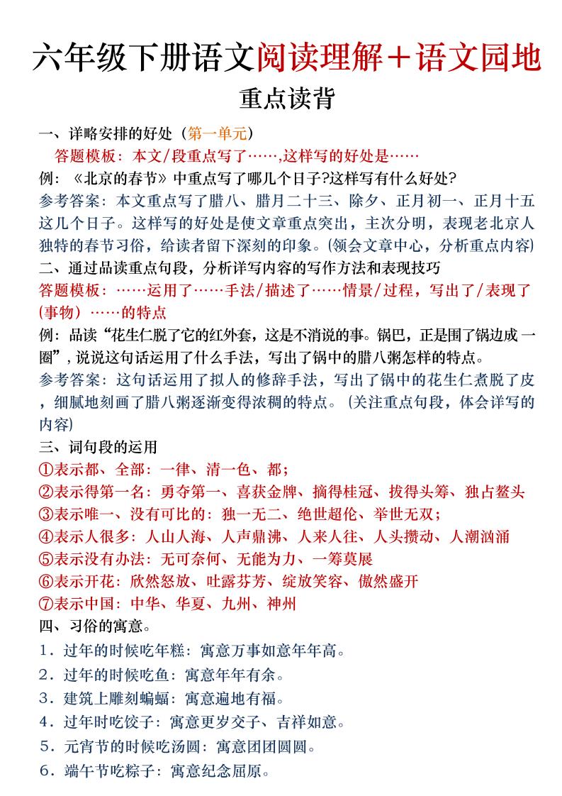 六年级下语文阅读理解＋语文园地专题mc69.cn - 副业项目分享,互联网学习资源,考公考研资料,虚拟资料与创业思路天璇笔记网
