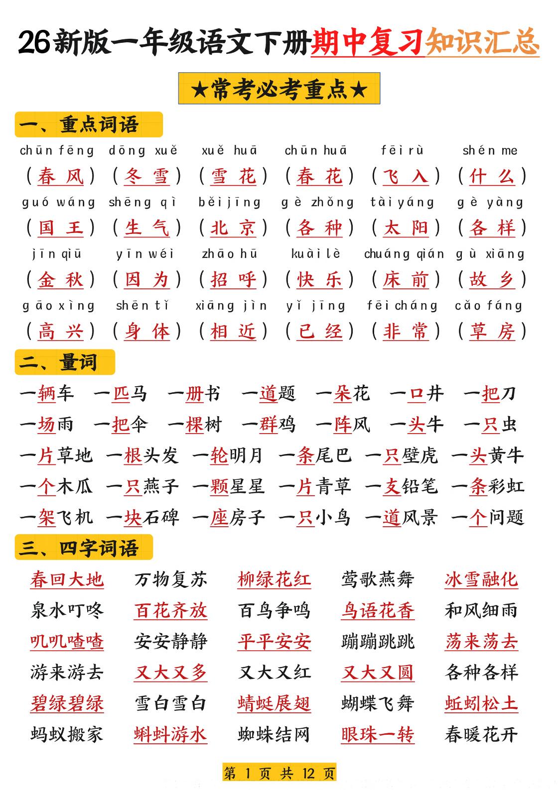 26新版一年级语文下册期中复习知识汇总mc69.cn - 副业项目分享,互联网学习资源,考公考研资料,虚拟资料与创业思路天璇笔记网