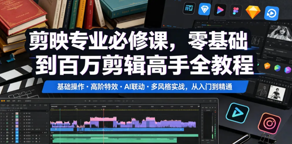 剪映专业必修课，零基础到百万剪辑高手全教程，基础操作・高阶特效・AI联动・多风格实战，从入门到精通mc69.cn - 副业项目分享,互联网学习资源,考公考研资料,虚拟资料与创业思路天璇笔记网