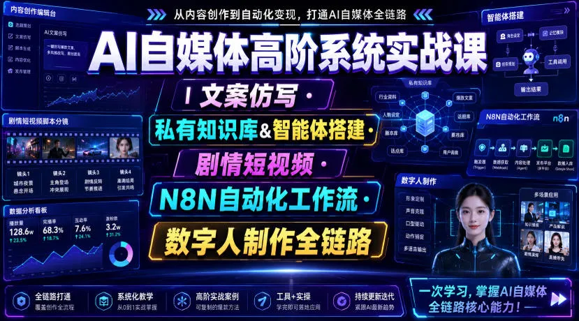 AI自媒体高阶系统实战课｜文案仿写・私有知识库&智能体搭建・剧情短视频・N8N自动化工作流・数字人制作全链路mc69.cn - 副业项目分享,互联网学习资源,考公考研资料,虚拟资料与创业思路天璇笔记网