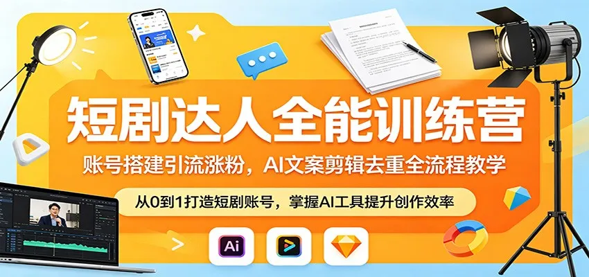 短剧达人全能训练营：账号搭建引流涨粉，AI 文案剪辑去重全流程教学mc69.cn - 副业项目分享,互联网学习资源,考公考研资料,虚拟资料与创业思路天璇笔记网