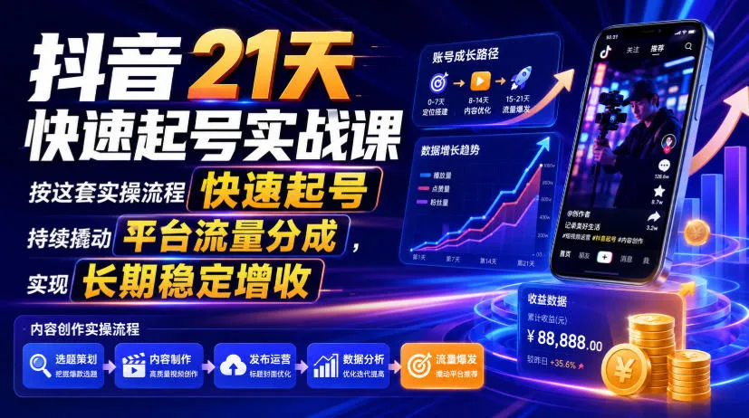 抖音21天快速起号实战课，按这套实操流程快速起号，持续撬动平台流量分成，实现长期稳定增收mc69.cn - 副业项目分享,互联网学习资源,考公考研资料,虚拟资料与创业思路天璇笔记网