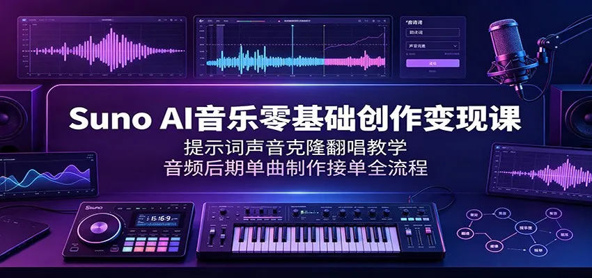 Suno AI音乐零基础创作变现课:提示词声音克隆翻唱教学,音频后期单曲制作接单全流程 Suno AI音乐零基础创作变现课:提示词声音克隆翻唱教学,音频后期单曲制作接单全流程