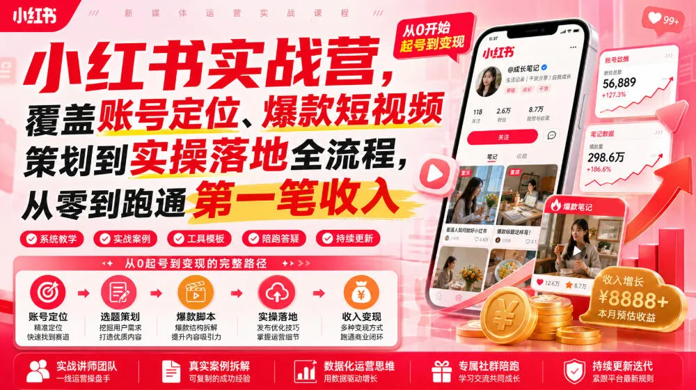 小红书实战营，覆盖账号定位、爆款短视频策划到实操落地全流程，从零到跑通第一笔收入mc69.cn - 副业项目分享,互联网学习资源,考公考研资料,虚拟资料与创业思路天璇笔记网
