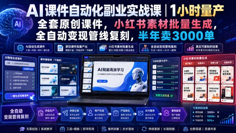 AI课件自动化副业实战课｜1小时量产全套原创课件，小红书素材批量生成，全自动变现管线复刻，半年卖3000单mc69.cn - 副业项目分享,互联网学习资源,考公考研资料,虚拟资料与创业思路天璇笔记网