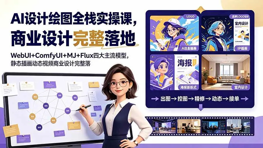 （19244期）AI设计绘图全栈实操课，WebUI+ComfyUI+MJ+Flux四大主流模型，静态插画动态视频商业设计完整落地教程mc69.cn - 副业项目分享,互联网学习资源,考公考研资料,虚拟资料与创业思路天璇笔记网