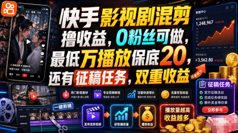 快手影视剧混剪撸收益，0粉丝可做，最低万播放保底20，还有征稿任务，双重收益mc69.cn - 副业项目分享,互联网学习资源,考公考研资料,虚拟资料与创业思路天璇笔记网