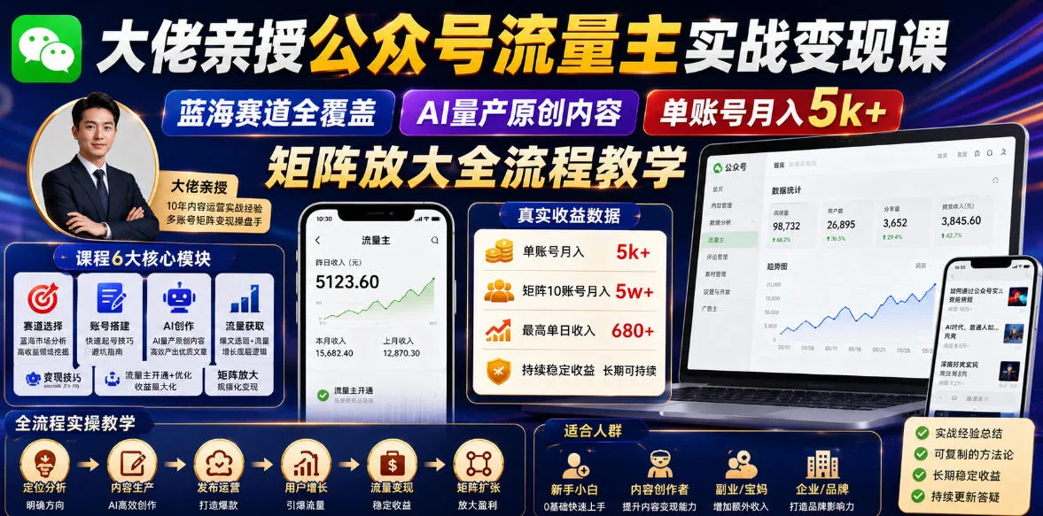 大佬亲授公众号流量主实战变现课，蓝海赛道全覆盖，AI量产原创内容，单账号月入5k+矩阵放大全流程教学mc69.cn - 副业项目分享,互联网学习资源,考公考研资料,虚拟资料与创业思路天璇笔记网