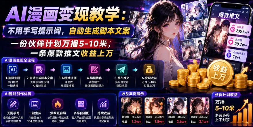 AI漫画变现教学：不用手写提示词，自动生成脚本文案，一份伙伴计划万播5-10米，一条爆款推文收益上Wmc69.cn - 副业项目分享,互联网学习资源,考公考研资料,虚拟资料与创业思路天璇笔记网