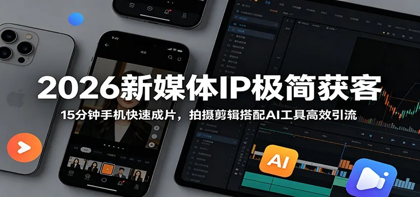2026新媒体IP极简获客：15分钟手机快速成片，拍摄剪辑搭配AI工具高效引流mc69.cn - 副业项目分享,互联网学习资源,考公考研资料,虚拟资料与创业思路天璇笔记网