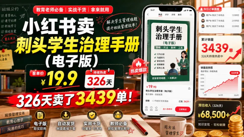 小红书卖刺头学生治理手册（电子版），客单价19.9，326天卖了3439单！mc69.cn - 副业项目分享,互联网学习资源,考公考研资料,虚拟资料与创业思路天璇笔记网