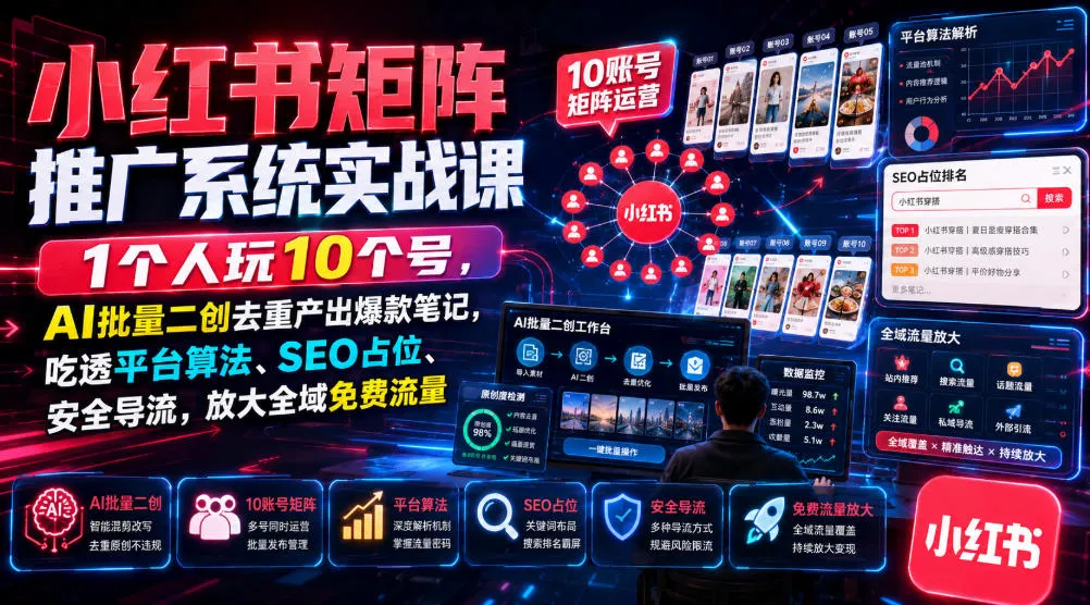 小红书矩阵推广系统实战课｜1个人玩10个号，AI批量二创去重产出爆款笔记，吃透平台算法、SEO占位、安全导流，放大全域免费流量mc69.cn - 副业项目分享,互联网学习资源,考公考研资料,虚拟资料与创业思路天璇笔记网