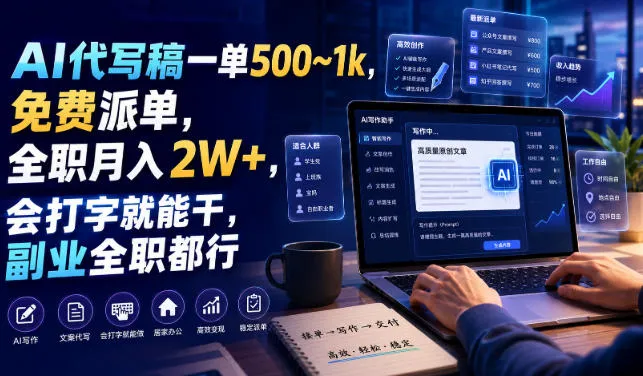 AI代写稿一单500~1k，免费派单，全职月入2W+，会打字就能干，副业全职都行【揭秘】mc69.cn - 副业项目分享,互联网学习资源,考公考研资料,虚拟资料与创业思路天璇笔记网
