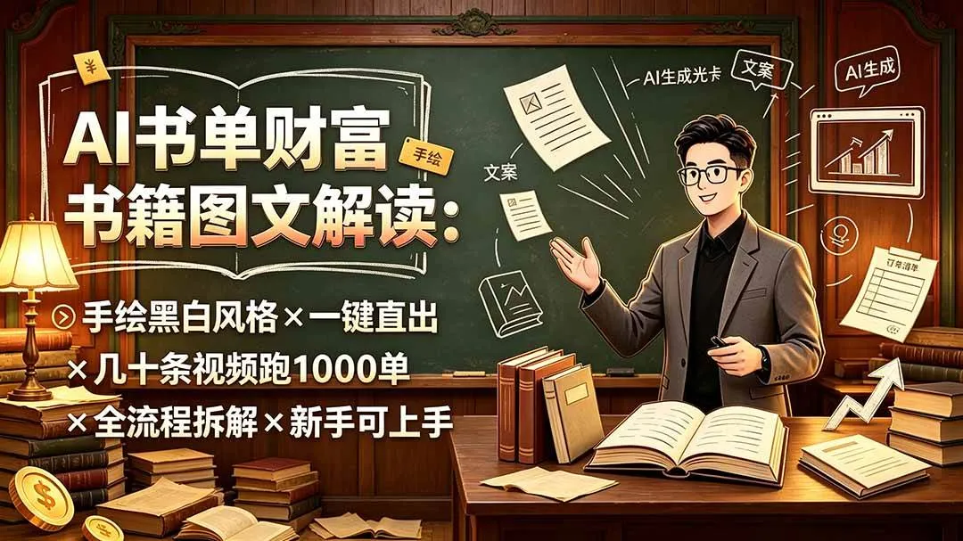 (19515期)AI书单财富书籍图文解读:手绘黑白风格×一键直出×几十条视频跑1000单×全流程拆解×新手可上手 (19515期)AI书单财富书籍图文解读:手绘黑白风格×一键直出×几十条视频跑1000单×全流程拆解×新手可上手
