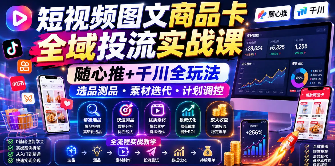 短视频图文商品卡全域投流实战课，随心推+千川全玩法，选品测品・素材迭代・计划调控，提升ROI爆单增收教程mc69.cn - 副业项目分享,互联网学习资源,考公考研资料,虚拟资料与创业思路天璇笔记网