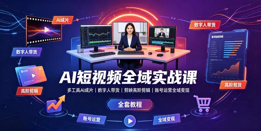 AI短视频全域实战课｜多工具AI成片、数字人带货、剪映高阶剪辑、账号运营全域变现全套教程mc69.cn - 副业项目分享,互联网学习资源,考公考研资料,虚拟资料与创业思路天璇笔记网